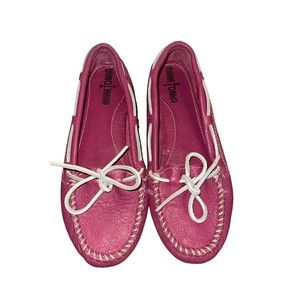 Minnie Tonka Womens Moccasins Pink White Leather Slip-On Flat Shoes Size 7